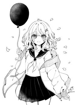 1girl balloon blush closed_mouth commentary_request greyscale hair_ornament highres holding holding_balloon jacket long_sleeves looking_at_viewer monochrome neckerchief open_clothes open_jacket original pleated_skirt rino_cnc sailor_collar school_uniform serafuku skirt solo white_background