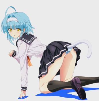 1girl :o ahoge all_fours anime_coloring ass black_shoes black_skirt black_socks blue_background blue_hair blue_panties blue_sailor_collar blush braid breasts cat_tail commentary_request from_side gradient_background hairband hand_up highres kneehighs loafers looking_at_viewer medium_hair miniskirt nonaka_yuki official_artist_extra panties pleated_skirt sailor_collar school_uniform serafuku shinmai_maou_no_testament shirt shoes side_braid skirt small_breasts socks solo striped_clothes striped_panties tail thighs underwear watanabe_yoshihiro white_hairband white_panties white_shirt yellow_eyes