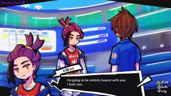 2boys ahoge antenna_hair artist_name black_hair blue_shirt brown_hair collarbone collared_shirt commentary cowboy_shot dialogue_box english_commentary english_text florian_(pokemon) frown highres jacket kieran_(pokemon) looking_at_another male_focus multiple_boys nintendo off_shoulder open_clothes open_jacket parted_lips persona persona_5 pokemon pokemon_scarlet_and_violet purple_hair red_vest shirt shootingstareon short_hair sidelocks single_sidelock teeth user_interface vest white_jacket yellow_eyes