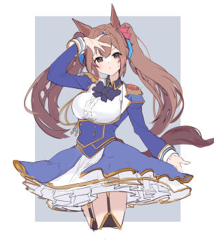 1girl absurdres aiguillette animal_ears black_thighhighs blue_bow blue_jacket blush bow breasts brown_hair center_frills closed_mouth daiwa_scarlet_(peak_blue)_(umamusume) daiwa_scarlet_(umamusume) epaulettes framed_breasts frills garter_straps hair_between_eyes hair_intakes hand_on_own_forehead hashtag-only_commentary highres hinokey_(hinokey0126) horse_ears horse_girl horse_tail jacket large_breasts layered_skirt long_hair long_sleeves looking_at_viewer red_eyes shirt simple_background skirt solo tail thighhighs tiara twintails umamusume very_long_hair white_shirt