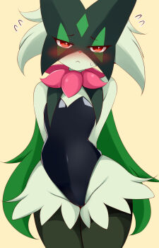 Rule 34 | 1girl, animal nose, arms behind back, ayatori (aytr), black leotard, blush, body fur, cameltoe, cape, cat girl, closed mouth, covered navel, cowboy shot, embarrassed, eye mask, eyebrows visible through mask, eyelashes, female focus, flat chest, furry, furry female, green cape, green fur, legs together, leotard, looking at viewer, mask, meowscarada, nervous, nintendo, pokemon, pokemon (creature), red eyes, simple background, solo, standing, straight-on, strapless, strapless leotard, two-sided cape, two-sided fabric, variant set, yellow background
