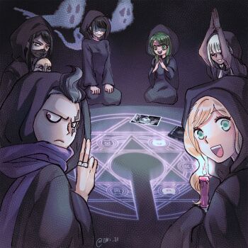 2boys 5girls alternate_costume black_hair black_robe blonde_hair circle danganronpa_(series) enoshima_junko ghost green_hair hexagram highres holding holding_mask mask midori_(310ri_21) multiple_boys multiple_girls naegi_komaru photo_(object) ritual robe shinguji_korekiyo sonia_nevermind star_of_david summoning tanaka_gundham towa_monaca white_hair yonaga_angie