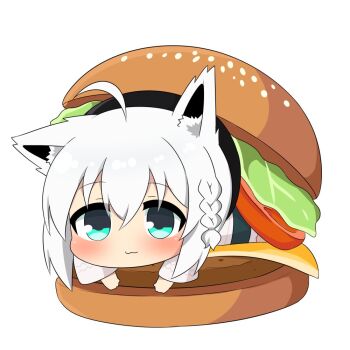 1girl ahoge animal_ears braid burger cheese food fox_ears fox_girl green_eyes hair_between_eyes hololive in_food lecture lettuce looking_at_viewer lying on_stomach shirakami_fubuki shirakami_fubuki_(street) sidelocks simple_background single_braid sitting_on_food solo tomato twumi virtual_youtuber white_background white_hair