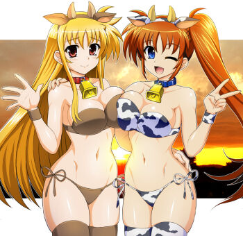 2girls :d animal_ears animal_print arm_on_another's_shoulder bare_shoulders bell bikini blonde_hair blue_collar blue_eyes border breast_press breasts brown_bikini brown_hair brown_thighhighs brown_wrist_cuffs cleavage closed_mouth collar collarbone commentary_request cow_ears cow_horns cow_print cow_print_bikini cow_print_thighhighs cowbell cowboy_shot fake_animal_ears fake_horns fate_testarossa floating_hair gradient_sky high_side_ponytail horns large_breasts long_hair long_sidelocks lyrical_nanoha mahou_shoujo_lyrical_nanoha_strikers milk_day multiple_girls navel neck_bell one_eye_closed open_hand open_mouth outside_border parted_bangs pillarboxed print_bikini print_thighhighs print_wrist_cuffs red_collar red_eyes side-tie_bikini_bottom side_ponytail sidelocks sky smile stomach sunset swimsuit symmetrical_docking takamachi_nanoha thighhighs toned tsukamoto_takashi upper_body v very_long_hair waving white_border wispy_bangs wrist_cuffs