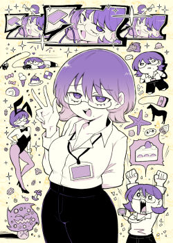 1girl animal_ear_hairband animal_ears arm_behind_back arms_up bell breasts cake candy cherry chibi chibi_inset cleavage commentary_request contrapposto detached_collar diamond_(gemstone) donut fake_animal_ears fishing_rod food fruit gen_4_pokemon glasses grapes hairband hand_on_own_hip highleg highleg_leotard holding holding_instrument horse horseshoe_crab ice_cream_cone inarou_(rakugakiproject) instrument lanyard leotard limited_palette mole mole_under_mouth nintendo o_o office_lady opaque_glasses open_mouth original pants pantyhose playboy_bunny playing_instrument pokemon pokemon_(creature) pudding purple_theme rabbit_ear_hairband rabbit_ears shell smile spiritomb starfish strapless strapless_leotard strawberry_shortcake trumpet wrist_cuffs