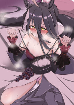 1girl absurdres ahoge animal_ears asidlain bare_shoulders black_hair black_ribbon blush bow breasts cleavage collarbone commentary_request detached_sleeves dress ear_ornament ear_ribbon embarrassed flower_in_clothes frilled_cuffs hair_between_eyes hair_bun highres long_bangs long_hair long_hair_between_eyes manhattan_cafe_(umamusume) medium_breasts multicolored_hair nervous_sweating panties parted_lips pink_panties ribbon single_hair_bun sitting sleeveless sleeveless_dress solo strap_lift sweat umamusume underwear white_dress white_hair white_ribbon wrist_cuffs