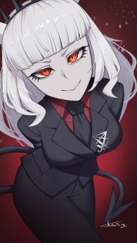 1girl absurdres arms_behind_head black_tail breasts business_suit chabaart crest demon_girl demon_horns demon_tail formal_clothes helltaker highres horns large_breasts long_hair looking_at_viewer lucifer_(helltaker) mole mole_under_eye necktie red_background red_eyes red_shirt shirt signature smile solo suit tail white_hair white_horns