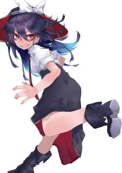 1girl absurdres alternate_eye_color black_boots black_hat black_skirt boots bow collar grin hair_between_eyes hair_bow hat hat_bow highres medium_hair muraryo necktie red_eyes shirt simple_background skirt sleeve_cuffs smile solo touhou usami_renko white_bow white_collar white_shirt