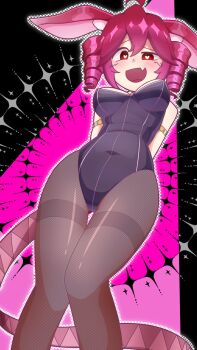 Rule 34 | 1girl, ahoge, animal ears, black leotard, border, breasts, covered navel, cropped legs, cuffs, drill hair, fake animal ears, fang, fishnet pantyhose, fishnets, from below, hair ornament, handcuffs, hashtag-only commentary, heart, heart-shaped pupils, highres, kasane teto, leotard, looking at viewer, medium breasts, medium hair, open mouth, pantyhose, papipopopipa3, pink background, playboy bunny, pole, rabbit ears, rabbit hole (vocaloid), rabbit tail, red eyes, red hair, skin fang, solo, stripper pole, symbol-shaped pupils, tail, thigh strap, twin drills, utau