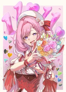 1girl beret diamond-shaped_pupils diamond_(shape) elf elysia_(hi_love_elf)_(honkai_impact) elysia_(honkai_impact) gonnbe_fofo hat highres honkai_(series) honkai_impact_3rd long_hair pink_hair pointy_ears purple_eyes smile solo symbol-shaped_pupils very_long_hair