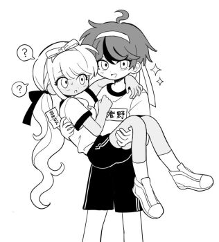 1boy 1girl ? ahoge alternate_costume bow carrying commentary_request dark-skinned_female dark_skin gym_uniform hair_bow hairband kawana_tsubasa kndp087 long_hair long_sleeves mole mole_under_mouth open_mouth ponytail princess_carry shirt short_hair short_sleeves shorts smile socks speech_bubble spoken_question_mark sumino_takumi sweat t-shirt the_hundred_line_-last_defense_academy- very_long_hair
