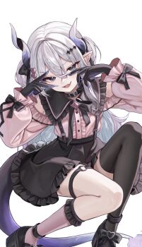 Rule 34 | 1girl, black gloves, black skirt, black thighhighs, blue eyes, dragon girl, dragon horns, dragon tail, fang, gloves, hair between eyes, hair ornament, heart, heart hair ornament, highres, horns, indie virtual youtuber, long hair, long sleeves, looking at viewer, open mouth, peachiiqr, pink shirt, pointy ears, second-party source, shirt, simple background, single thighhigh, sitting, skin fang, skirt, smile, solo, tail, thighhighs, vaipyre (vtuber), white background, white hair