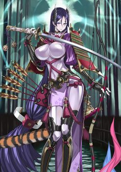 1girl armor armored_gloves arrow_(projectile) belt black_belt black_boots black_choker black_gloves bodysuit boots bow_(weapon) breasts choker closed_mouth covered_navel doujigiri_yasutsuna_(fate) fate/grand_order fate_(series) feet_out_of_frame fingerless_gloves gloves green_background hair_between_eyes hand_up headpiece high_collar holding holding_bow_(weapon) holding_sword holding_weapon honjou_raita japanese_armor japanese_clothes katana long_hair looking_at_viewer low-tied_long_hair minamoto_no_raikou_(fate) minamoto_no_raikou_(third_ascension)_(fate) official_art pelvic_curtain puffy_sleeves purple_bodysuit purple_eyes purple_hair quiver rope shoulder_armor smile sode solo standing sword tassel third-party_source unsheathed variant_set very_long_hair weapon