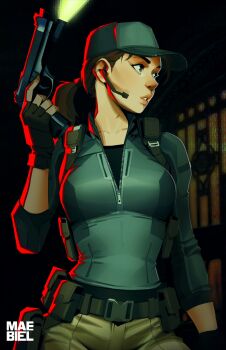 1girl artist_name black_gloves blue_hat brown_hair fingerless_gloves gloves gun handgun hat headset highres holding holding_gun holding_weapon jill_valentine long_hair looking_to_the_side maebiel pants parted_lips ponytail resident_evil resident_evil_5 weapon