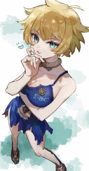 1girl :3 arm_under_breasts blonde_hair blue_dress blue_eyes breasts cleavage collar dr._stone dress full_body heart highres kohaku_(dr._stone) large_breasts looking_at_viewer sandals sei_yaaa short_hair smile solo torn_clothes torn_dress