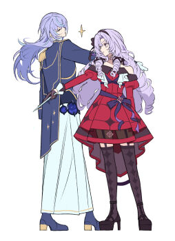 Rule 34 | 1boy, 1girl, black thighhighs, blue cape, blue hair, blue shirt, cape, commentary, diamond print, dress, drill hair, drill sidelocks, highres, holding, hoshirube sho, hyakumantenbara salome, hyakumantenbara salome (1st costume), juliet sleeves, long hair, long skirt, long sleeves, looking at another, looking at viewer, moku (kedr2558), multicolored hair, nijisanji, object request, off-shoulder dress, off shoulder, puffy sleeves, purple hair, red dress, serious, shirt, sidelocks, simple background, skirt, sparkle, streaked hair, thighhighs, virtual youtuber, white background, white skirt