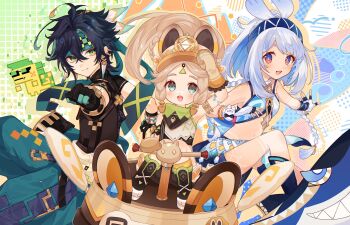 1boy 2girls ajaw_(genshin_impact) animal_ears black_hair blue_eyes blue_hair boots breasts brown_hair chinchilla_ears chinchilla_girl clenched_hand closed_mouth commentary_request crossed_bangs earrings fingerless_gloves genshin_impact gloves green_eyes green_headband headband highres jewelry kachina_(genshin_impact) kinich_(genshin_impact) looking_at_viewer mittens mualani_(genshin_impact) multicolored_hair multiple_girls open_mouth pants ponytail red_eyes sleeveless small_breasts tamamura_(tmmr5) visor_cap