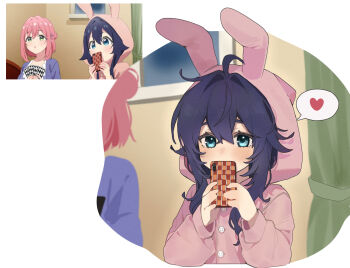 2girls animal_costume blue_eyes blue_hair blush card eyebrows_hidden_by_hair flat_chest hair_between_eyes hanazono_hakari heart highres holding holding_card holding_phone kimi_no_koto_ga_dai_dai_dai_dai_daisuki_na_100-nin_no_kanojo kumsusukum light_blush looking_at_viewer medium_hair multiple_girls onesie phone playing_card rabbit_costume reference_inset screenshot_inset sitting spoken_heart yoshimoto_shizuka