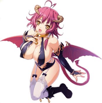 bat_wings boots breasts collar covered_erect_nipples demon_girl detached_sleeves earrings fang garter_straps highres horns jewelry knee_boots kyonyuu_fantasy large_breasts leotard non-web_source pale_skin pointy_ears shamsiel_shahar strapless strapless_leotard tail tattoo thighhighs wings