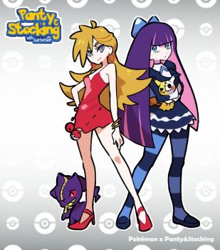 Rule 34 | 2girls, banette, black shoes, blonde hair, blue eyes, blunt bangs, bright pupils, closed mouth, colored inner hair, commentary, copyright name, dress, english commentary, eyelashes, gen 3 pokemon, gen 7 pokemon, high heels, highres, holding, long hair, looking at viewer, mimikyu, multicolored hair, multiple girls, nintendo, panty &amp; stocking with garterbelt, panty (psg), pantyhose, pokemon, pokemon (creature), pokemon pants - cato, purple hair, red dress, red shoes, shoes, short dress, sleeveless, sleeveless dress, smile, standing, stocking (psg), striped clothes, striped pantyhose, white pupils
