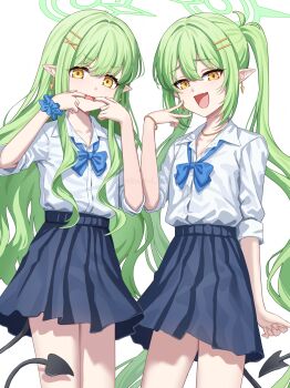 2girls alternate_costume blue_archive blue_bow blue_bowtie blue_skirt bow bowtie breasts collared_shirt commentary_request demon_girl demon_tail earrings fang green_hair green_halo hair_ornament hairclip halo highres hikari_(blue_archive) jewelry long_hair looking_at_viewer making_faces multiple_girls nozomi_(blue_archive) pleated_skirt pointy_ears school_uniform scrunchie shirt siblings simoumi_217 simple_background sisters skin_fang skirt small_breasts tail twins twintails very_long_hair white_background white_shirt wrist_scrunchie yellow_eyes