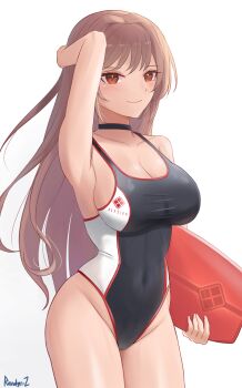 1girl armpits artist_name black_choker black_one-piece_swimsuit breasts brown_eyes brown_hair choker cleavage commentary competition_swimsuit cowboy_shot english_commentary goddess_of_victory:_nikke highleg highleg_one-piece_swimsuit highres kickboard large_breasts long_hair ocean one-piece_swimsuit randgriz96 rapi_(classic_vacation)_(nikke) rapi_(nikke) revision simple_background solo swimsuit two-tone_one-piece_swimsuit two-tone_swimsuit white_background