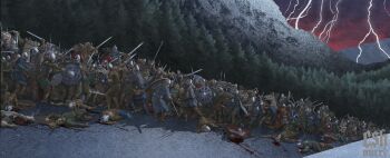 1girl 6+boys absurdres armor artist_name axe battle blood boots cape chainmail christian_sloan_hall commentary decapitation english_commentary forest fur_cape graphite_(medium) guro highres holding holding_axe holding_sword holding_weapon horseback_riding leather leather_armor leather_boots lightning mountainous_horizon multiple_boys nature original painting_(medium) polearm riding severed_head spear sword traditional_media valkyrie viking weapon