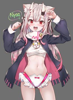 1girl animal_ears blush cat_ears chest_sarashi cosplay frills grey_background grey_hair highres hololive horns jacket kagura_nana kagura_nana_(cosplay) long_hair long_sleeves midriff nakiri_ayame navel oni paw_pose poyoyo_(nakiri_ayame) pukara red_eyes sarashi simple_background skin-covered_horns skirt solo unzipped virtual_youtuber