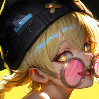 1girl :d bare_shoulders beanie black_hat blonde_hair braid fang genshin_impact hair_between_eyes hair_rings hat jahoda_(genshin_impact) looking_at_viewer looking_over_eyewear open_mouth pink-tinted_eyewear portrait round_eyewear smile solo star-shaped_pupils star_(symbol) symbol-shaped_pupils tinted_eyewear wo_jiushi_kanbudong yellow_eyes
