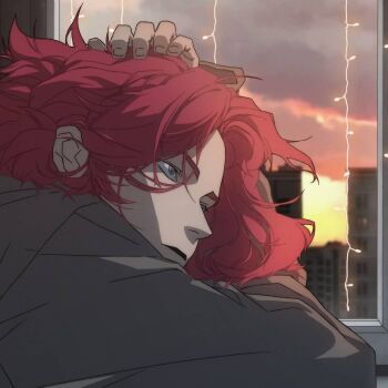 1boy black_shirt building character_request cloud cloudy_sky copyright_request indoors male_focus non-web_source pontyk_blya red_hair shirt sky solo sunset upper_body window