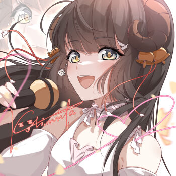 Rule 34 | 1girl, blunt bangs, blush, brown hair, choker, commentary request, dress, frilled choker, frills, grey choker, hair ornament, highres, holding, holding microphone, horns, kolimiya, long hair, looking at viewer, microphone, music, open mouth, original, signature, singing, smile, upper body, white dress, yellow eyes, zoom layer