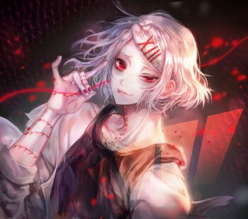 1boy bare_shoulders collarbone fingernails glowing grey_hair hair_ornament hairclip half-closed_eyes holding holding_string kkxmxx male_focus nail_polish petals red_eyes red_nails sleeves_rolled_up solo string string_of_fate suzuya_juuzou tokyo_ghoul upper_body x_(symbol) x_hair_ornament