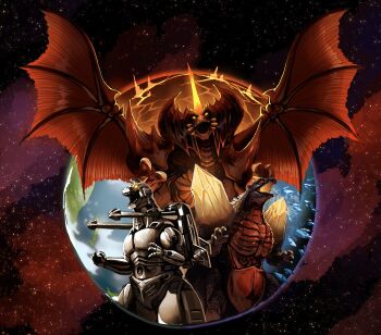 aircraft alex_alcanter alien apocalypse claws cloud crest crystal destoroyah destruction directed-energy_weapon earth_(planet) energy_cannon energy_weapon garuda_(godzilla) giant giant_monster giant_robot glowing glowing_crystal glowing_eyes glowing_horns glowing_mouth godzilla_vs._destoroyah godzilla_vs._mechagodzilla_ii godzilla_vs._spacegodzilla highres horns jetpack kaiju looking_at_viewer maser_cannon mecha mechagodzilla military monster no_pupils ocean open_mouth planet plasma_cannon plasma_grenade_(godzilla) post-apocalypse red_eyes roaring robot sea_monster sharp_teeth shoulder_cannon shoulder_spikes single_horn sky space space_monster spacegodzilla spikes star_(sky) starry_sky stomach_cannon super_mechagodzilla teeth tusks water weapon wings yellow_eyes