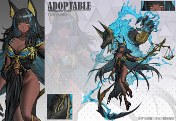 2020 adoptable allosauc animal_ears anubis_(mythology) artist_name balance_scale black_dress black_footwear black_hair blue_cape blue_eyeshadow blue_fire blue_hair blunt_bangs breasts cape claws cleavage closed_mouth commentary creature_and_personification dark-skinned_female dark_skin deviantart_username dress egyptian_mythology english_commentary english_text expressionless eyeshadow fire genderswap genderswap_(mtf) gradient_background grey_background highres holding holding_scythe holding_staff jackal_ears large_breasts leg_ribbon long_dress long_hair looking_at_viewer makeup marking_on_cheek multicolored_hair original personification polka_dot polka_dot_background ribbon sandals scythe shoulder_pads side_slit simple_background single_bare_leg single_bracer slit_pupils staff streaked_hair torn_cape torn_clothes torn_dress triangle_background weighing_scale yellow_eyes yellow_ribbon
