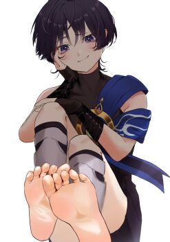 1boy aqua_gem armor black_bodysuit black_bridal_gauntlets black_hair black_shorts blue_cape blunt_ends blush bodysuit bridal_gauntlets cape closed_mouth commentary_request covered_collarbone derivative_work eyeliner eyeshadow feet foot_focus from_below gem genshin_impact gold hakama hakama_shorts hand_on_own_face hand_on_own_knee hands_up highres japanese_armor japanese_clothes kote kurokote leg_warmers looking_at_viewer makeup male_focus pleated_shorts purple_eyes red_eyeliner red_eyeshadow sahi00000 scaramouche_(genshin_impact) shorts single_bare_shoulder smile soles solo toes tsurime turtleneck turtleneck_bodysuit vision_(genshin_impact) wanderer_(genshin_impact) white_background white_leg_warmers white_trim wispy_bangs