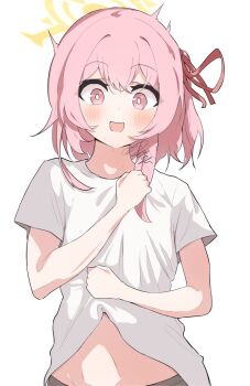 1girl :d alternate_costume blue_archive blush bright_pupils casual clothes_lift commentary downturned_eyes feather_hair hair_between_eyes hair_ribbon halo hands_up hot looking_at_viewer medium_hair no_headwear one_side_up open_mouth pink_eyes pink_hair pulling_own_clothes red_ribbon ribbon serina_(blue_archive) shirt shirt_lift short_sleeves signature simple_background smile solo stomach straight_hair surprised sweat symbol-only_commentary t-shirt upper_body wavy_mouth white_background white_pupils white_shirt yellow_halo yukou_sui