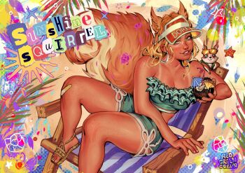 1girl absurdres animal_ears aqua_shirt aqua_shorts beach_chair blonde_hair body_freckles breasts cleavage coconut_cup commentary cup drinking_straw earrings english_commentary english_text freckles frilled_shirt frills green_eyes highres holding holding_cup hoop_earrings jewelry long_hair marvel marvel_rivals official_alternate_costume redgreengoblin sandals shirt shorts shoulder_freckles silver_earrings sitting smile squirrel squirrel_ears squirrel_girl_(marvel) squirrel_girl_(sunshine_squirrel)_(marvel) squirrel_tail strapless strapless_shirt tail tan tanline thigh_freckles tippy-toe