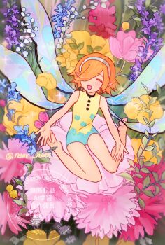 1girl artist_name barefoot closed_eyes commentary_request fairy fairy_wings flower gallica_(metaphor:_refantazio) highres leotard metaphor:_refantazio near_near open_mouth orange_hair pink_flower short_hair sitting smile watermark wings yellow_flower