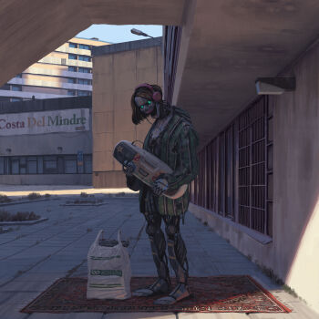 1girl absurdres bag brown_hair building cable clothed_robot day green_eyes green_jacket headphones highres holding_boombox humanoid_robot jacket lamppost looking_at_viewer medium_hair outdoors robot rug science_fiction shopping_bag simon_stalenhag solo standing things_from_the_flood