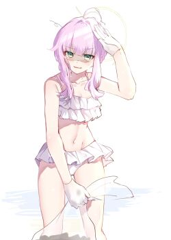 absurdres bikini blue_archive exhausted flat_chest frilled_bikini frills gloves green_eyes halo hand_up highres horizontal_pupils kaya_(blue_archive) navel pink_hair sb_(akagikeai) sweat swimsuit tears trash_bag white_gloves yellow_halo
