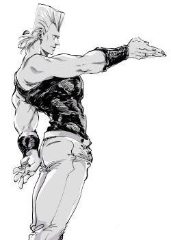 Rule 34 | 1boy, arm up, closed mouth, commentary request, earrings, feet out of frame, flattop, from side, highres, jean pierre polnareff, jewelry, jojo no kimyou na bouken, looking ahead, male focus, muscular, muscular male, outstretched arm, pants, piercing, shirt, simple background, sinkir, smile, solo, standing, stardust crusaders, white background