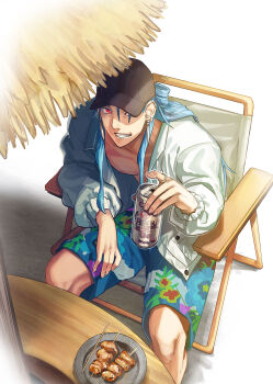 1boy blue_hair blue_swim_trunks can chair cu_chulainn_(caster)_(fate) cu_chulainn_(fate) cu_chulainn_(tropical_rune_summer)_(fate) earrings fate/grand_order fate_(series) food hat hawaiian_clothes highres holding holding_can jacket jewelry long_hair looking_at_viewer male_focus male_swimwear on_chair open_clothes open_jacket pectorals red_eyes sitting smile solo swim_trunks table takenoko_seijin toned white_jacket