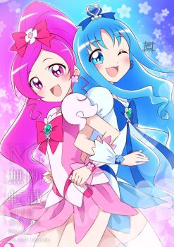 Rule 34 | 2girls, :d, ;d, absurdres, artist logo, back-to-back, blue background, blue bow, blue dress, blue eyes, blue hair, blue wrist cuffs, blush, bottle, bow, brooch, chest bow, choker, clenched hands, commentary, cowboy shot, cure blossom, cure marine, curly sidelocks, dress, earrings, floral background, floral dress, flower, flower earrings, frilled wrist cuffs, frills, gradient background, hair bow, hair ornament, hanasaki tsubomi, hands on own hips, heart, heart brooch, heart hair ornament, heartcatch precure!, high ponytail, highres, jewelry, kurumi erika, legs together, locked arms, logo, long hair, looking at viewer, magical girl, multicolored dress, multiple girls, one eye closed, open mouth, parted bangs, pink background, pink bow, pink choker, pink dress, pink eyes, pink wrist cuffs, ponytail, precure, puffy short sleeves, puffy sleeves, short dress, short sleeves, smile, thighhighs, two-tone background, two-tone dress, very long hair, watermark, wavy hair, white dress, white thighhighs, wrist cuffs, zero-theme