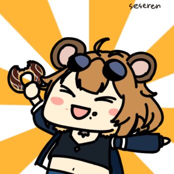 >_< 1girl animated animated_gif donut food girls'_frontline happy lowres open_mouth p90_(girls'_frontline) seseren sunglasses_on_head