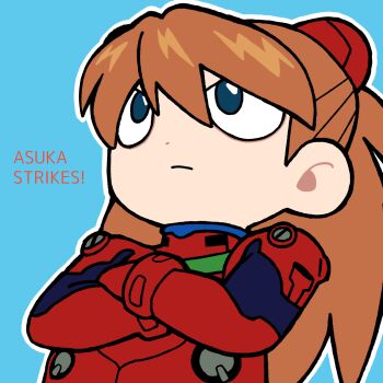 1girl blue_background blue_eyes bodysuit breasts character_name chibi chibi_only crossed_arms determined evangelion:_30th_anniversary_special_performance highres interface_headset_(evangelion) long_hair mecha_pilot_suit neon_genesis_evangelion orange_hair plugsuit_(evangelion) red_bodysuit souryuu_asuka_langley yielder