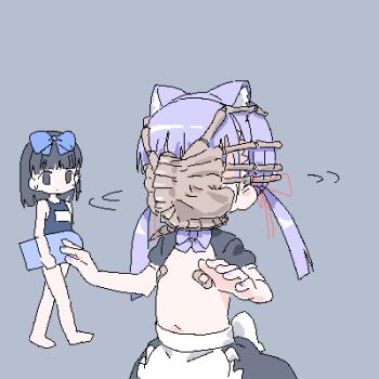 2girls alien_(series) animal_ear_hairband animal_ears apron bandaid bandaids_on_nipples barefoot black_eyes black_hair black_skirt black_sleeves blue_one-piece_swimsuit bow bowtie carrying carrying_under_arm cat_ear_hairband cat_ears covered_face cowboy_shot creature_on_head facehugger fake_animal_ears grey_background hair_bow hair_ribbon hairband hands_up holding holding_kickboard kickboard lokulo-chan_(lokulo_no_mawashimono) lokulo_no_mawashimono loli long_hair looking_at_another low_twintails lowres medium_hair multiple_girls oekaki one-piece_swimsuit original pasties puffy_short_sleeves puffy_sleeves purple_bow purple_bowtie purple_hair purple_nails red_ribbon ribbon school_swimsuit short_sleeves shrug_(clothing) skirt small_sweatdrop swimsuit topless_female twintails waist_apron white_apron