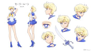 1girl back_bow bishoujo_senshi_sailor_moon blonde_hair blue_bow blue_choker blue_eyes blue_sailor_collar blue_shoes blue_skirt bow bowtie choker circlet collarbone commentary earrings english_commentary full_body gloves high_heels highres jewelry long_legs looking_at_viewer magical_girl miniskirt multiple_views one_eye_closed open_mouth outer_senshi reference_sheet sailor_collar sailor_senshi sailor_senshi_uniform sailor_uranus shoe_soles shoes short_hair sidney_deng signature simple_background skirt space_sword sword ten&#039;ou_haruka upper_body weapon white_background white_gloves yellow_bow yellow_bowtie