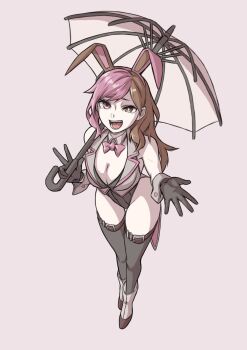Rule 34 | 1girl, alternate costume, animal ear hairband, animal ears, ankle boots, bare shoulders, belt, black gloves, black leotard, black thighhighs, boots, bow, bowtie, breasts, bright pupils, brown belt, brown eyes, brown hair, cleavage, coattails, commentary, cropped jacket, detached collar, english commentary, fake animal ears, gloves, grey background, hairband, heterochromia, highleg, highleg leotard, highres, holding, holding umbrella, jacket, large breasts, leotard, long hair, looking at viewer, mori kuro pp, multicolored hair, neopolitan (rwby), open mouth, pink bow, pink bowtie, pink eyes, pink hair, pink trim, playboy bunny, rabbit ear hairband, rabbit ears, rwby, smile, solo, tailcoat, thighhighs, thighs, two-tone hair, umbrella, untranslatable commentary, white boots, white jacket, wrist cuffs