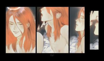 2boys angel_devil_(chainsaw_man) artist_name black_hair chainsaw_man couple hair_undone halo hashtag-only_commentary hayakawa_aki highres imminent_kiss kiss ky_69 lips long_hair male_focus multiple_boys nipples smile teeth yaoi