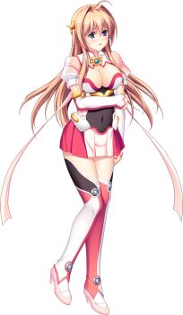 1girl ahoge angel_tear blue_eyes blush boots breasts chest_jewel cleavage covered_navel detached_sleeves elbow_gloves fingerless_gloves full_body game_cg gloves hair_intakes hair_ornament high_heels highres large_breasts large_variant_set long_hair looking_at_viewer magical_girl maishima_yuri nerawareta_megami_tenshi_angel_tear non-web_source official_art open_mouth pleated_skirt puffy_sleeves see-through_clothes skirt solo standing tachi-e thigh_boots thighhighs transparent_background tsukumo_kazuita variant_set zettai_ryouiki